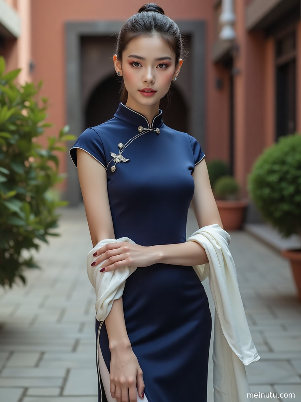 复古走廊的年代感与白色旗袍的古典美相互辉映，营造出迷人的视觉氛围。