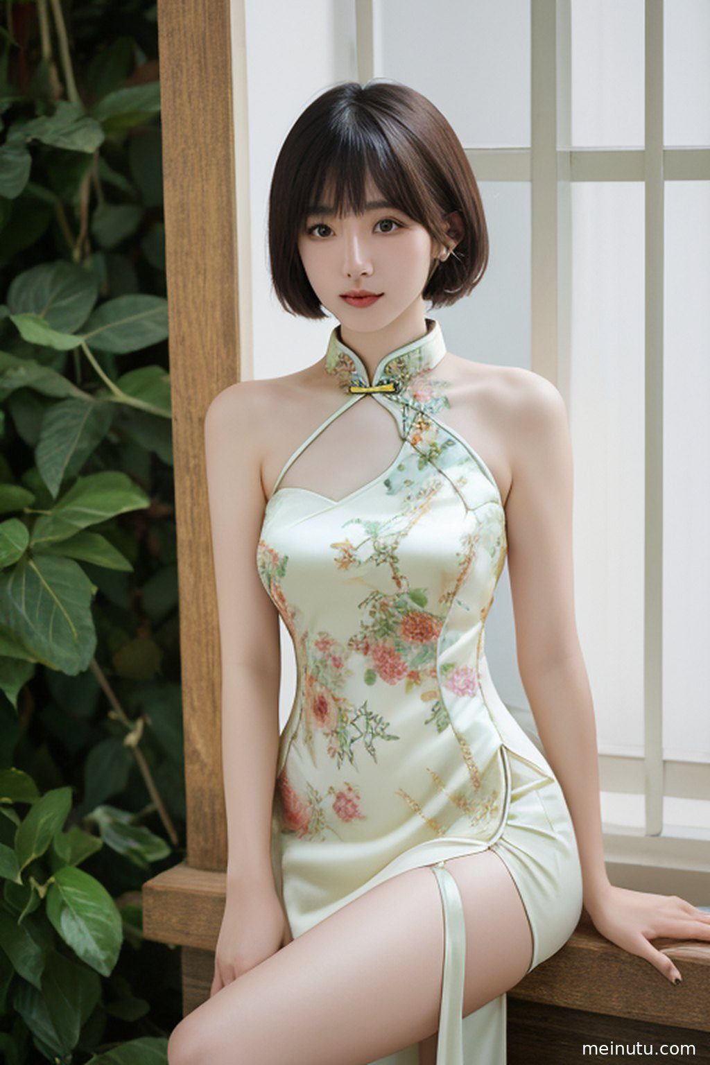 身着白色旗袍的年轻成年女子站在复古走廊，光影交错。