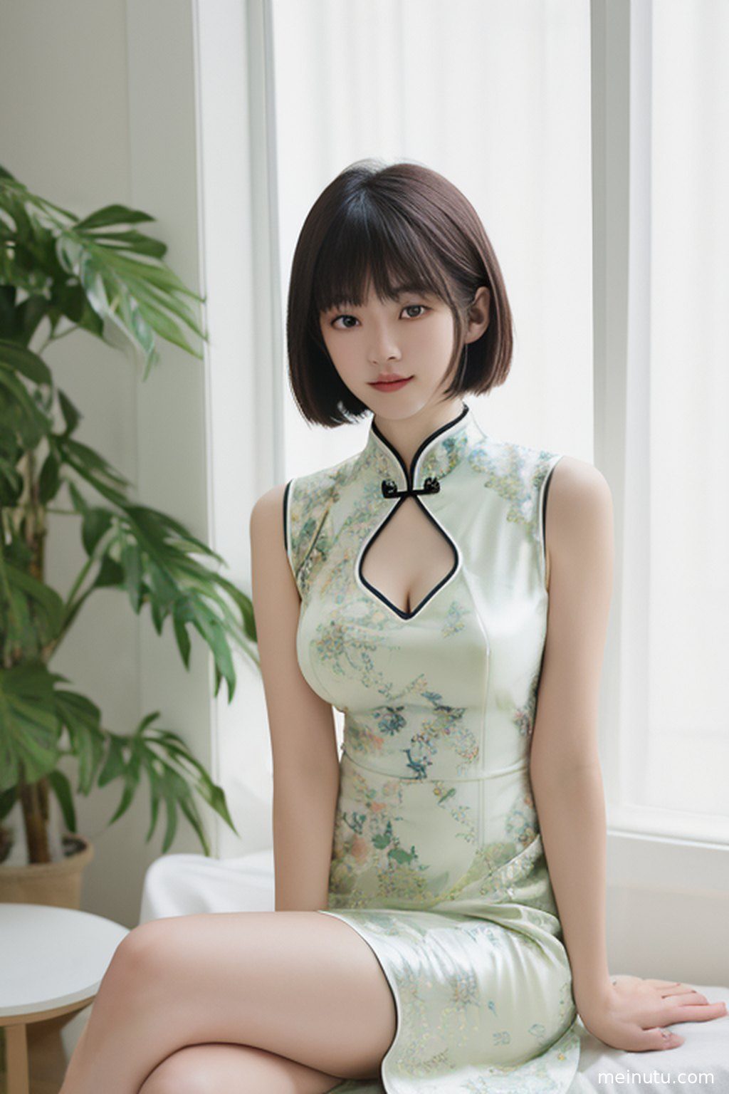 一位气质优雅的成年女子侧身倚靠在复古走廊的墙壁，身着白色旗袍。