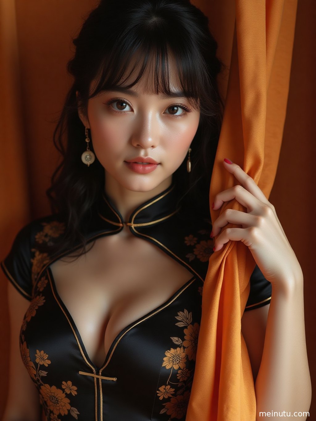 特写镜头展现复古旗袍精美的盘扣和丝绸质感。