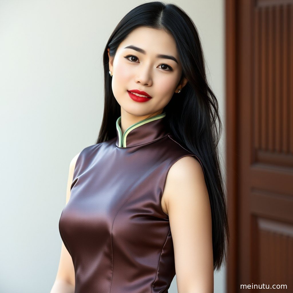 身着改良旗袍的成年女性，在柔和逆光下露出迷人侧颜。