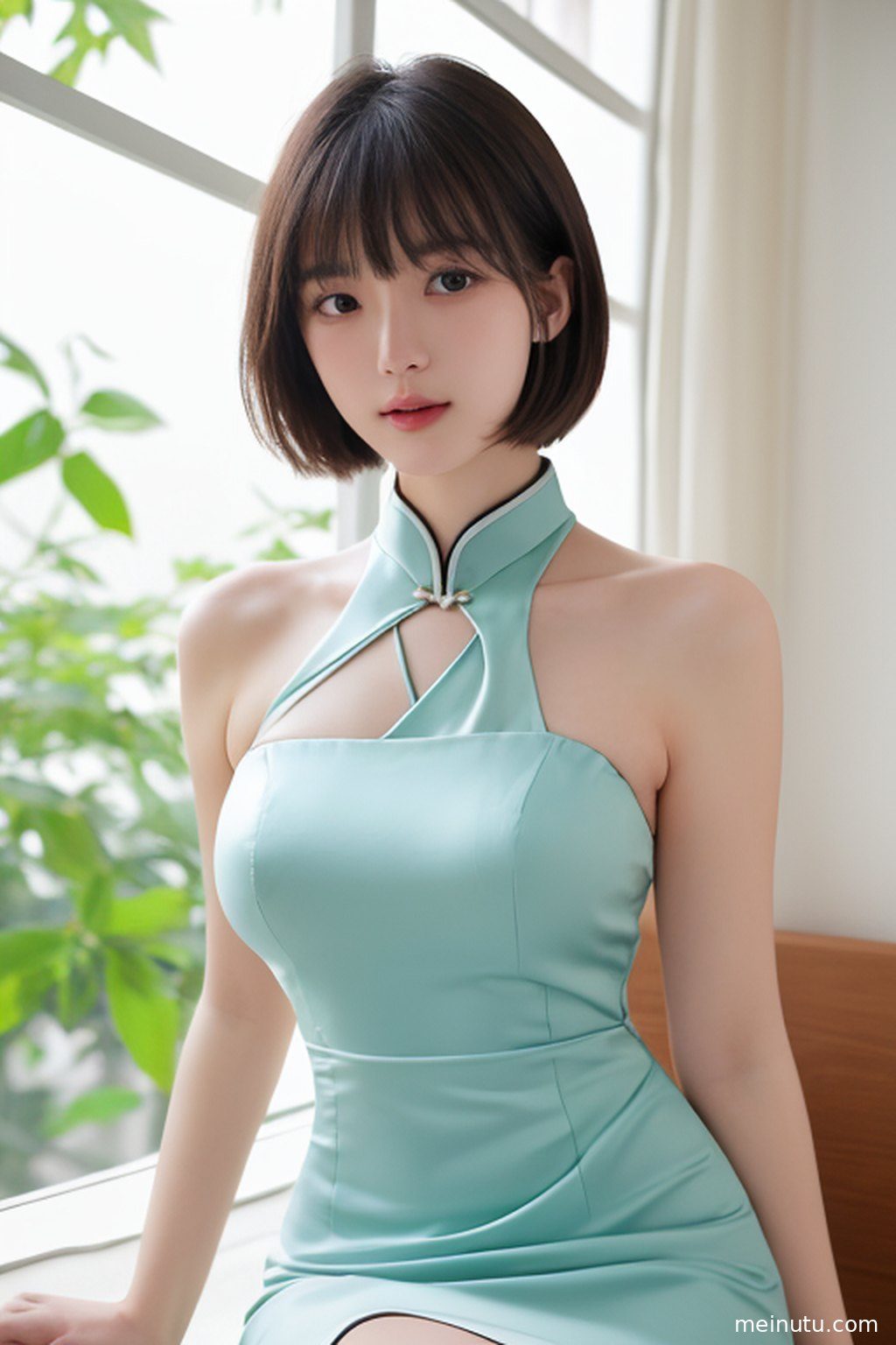旗袍细节展示，包括袖口、领口和布料的纹理，与窗外的模糊景致形成对比。