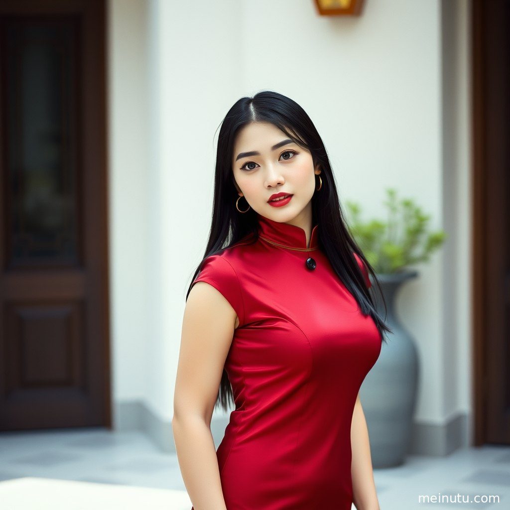 身着改良旗袍的成年女子在黄昏的阴天漫射光下，展现出优雅的全身姿态。