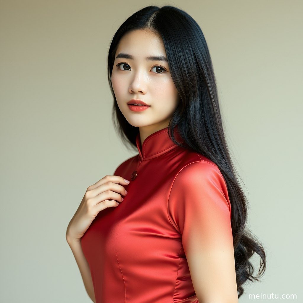 改良旗袍的精美细节在柔和的黄昏光线下被清晰捕捉，全身构图尽显设计感。