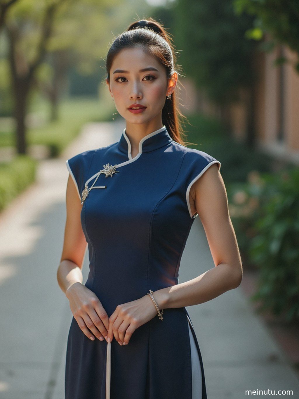 身着改良旗袍的成年女子在黄昏的漫射光下，展现出东方韵味。