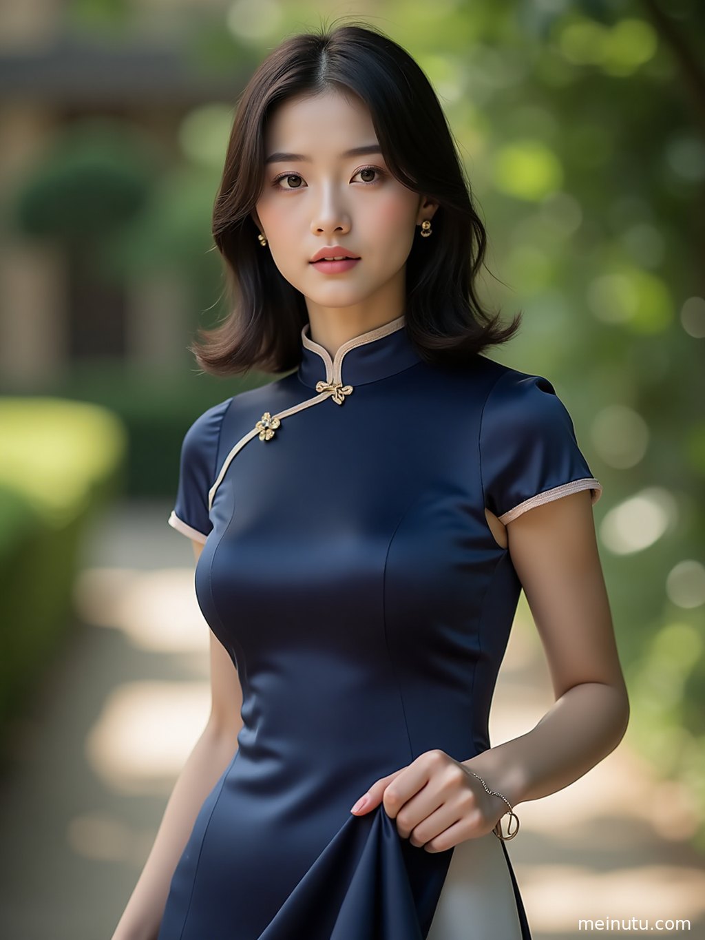 极简白色背景，一位年轻成年女子身穿改良版民国风旗袍，姿态优雅，光线勾勒出旗袍的垂坠感与女性的曼妙身姿。