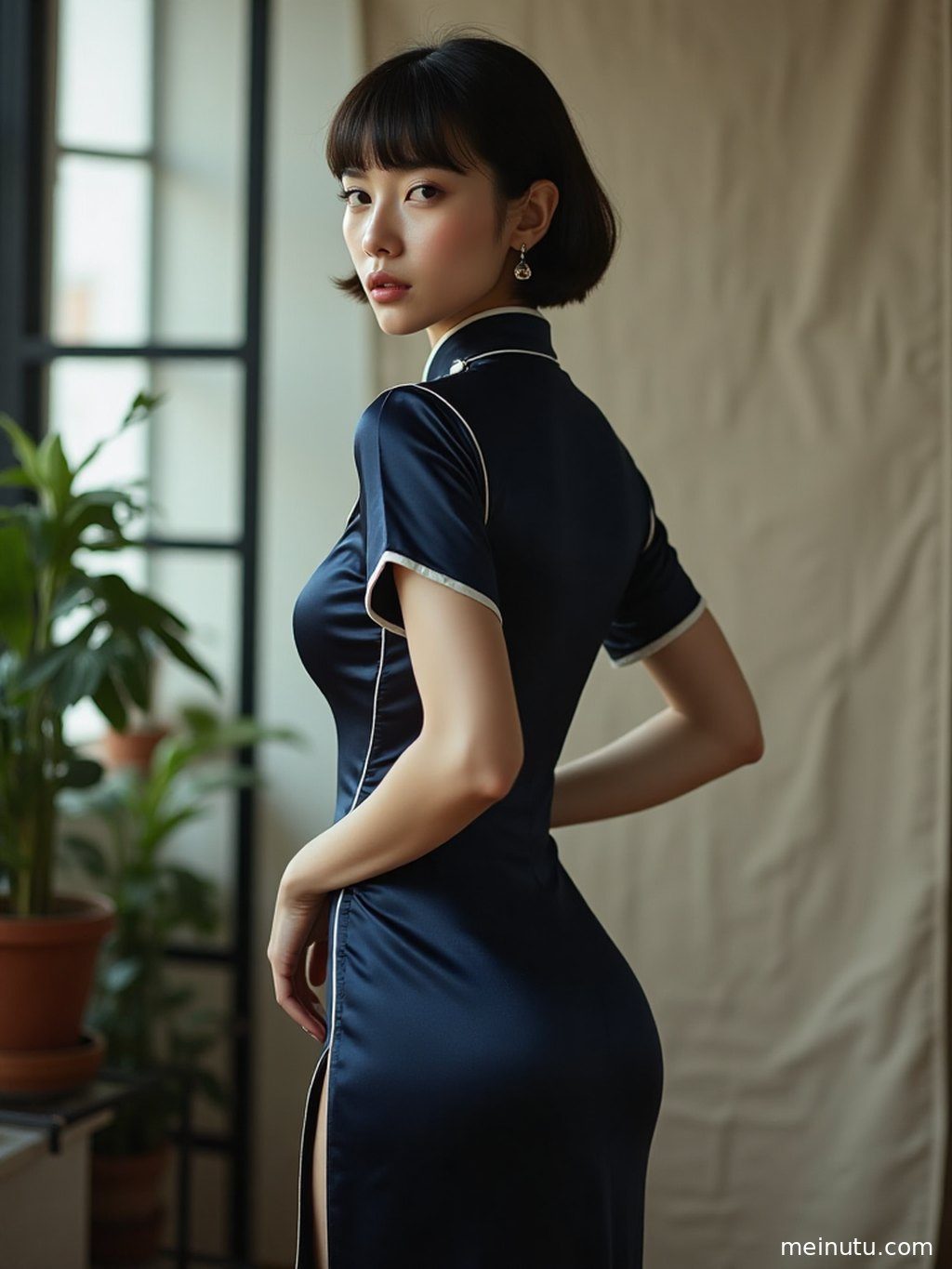 成年女性以全身构图呈现旗袍造型，画面突出服饰轮廓与整体氛围。