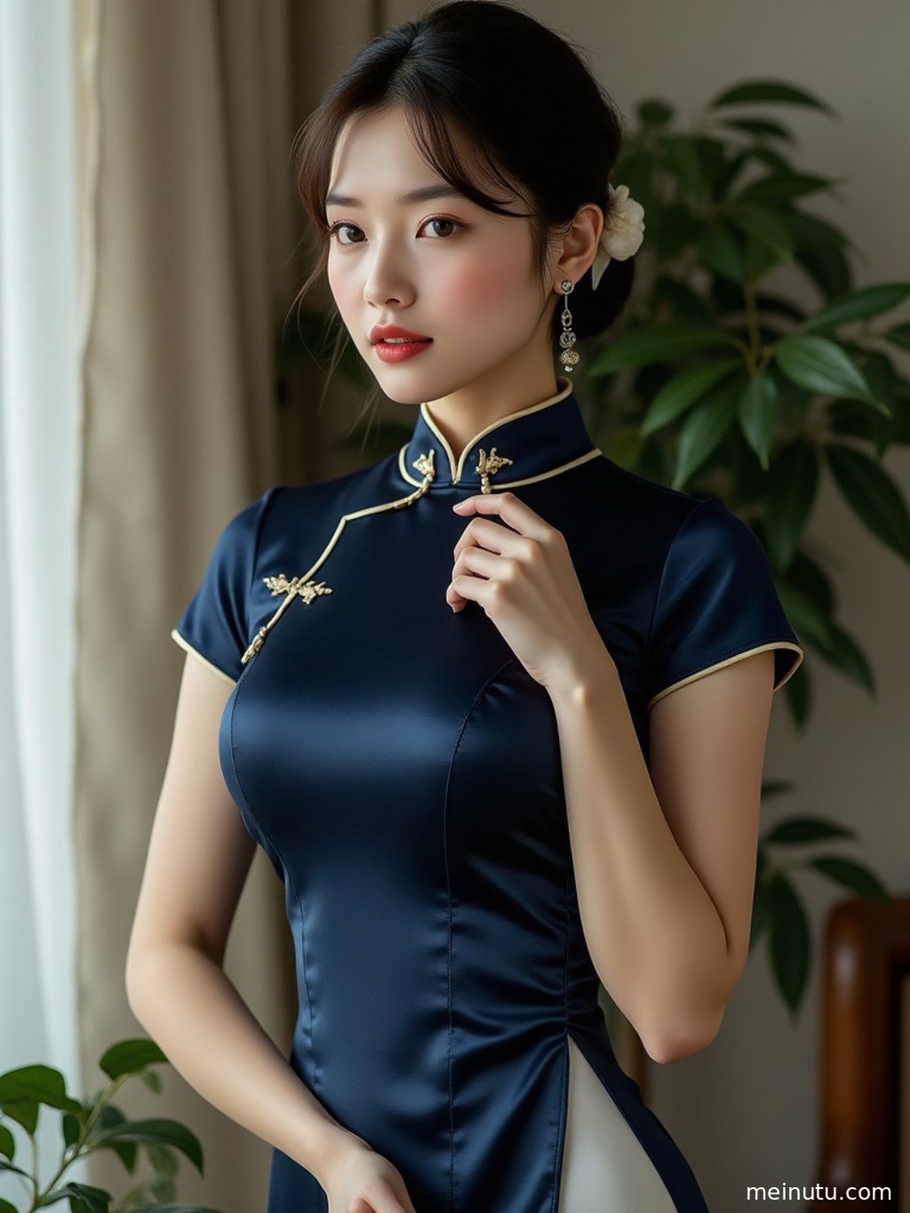 丝绒旗袍 名媛风 窗边暖光 性感曲线近景细节展示服饰面料、配色与画面质感。