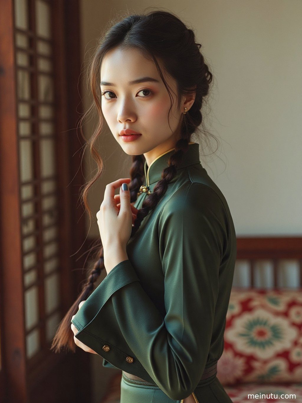 海浪与礁石背景下，成年女性身穿华美旗袍，柔和逆光勾勒动人身姿。