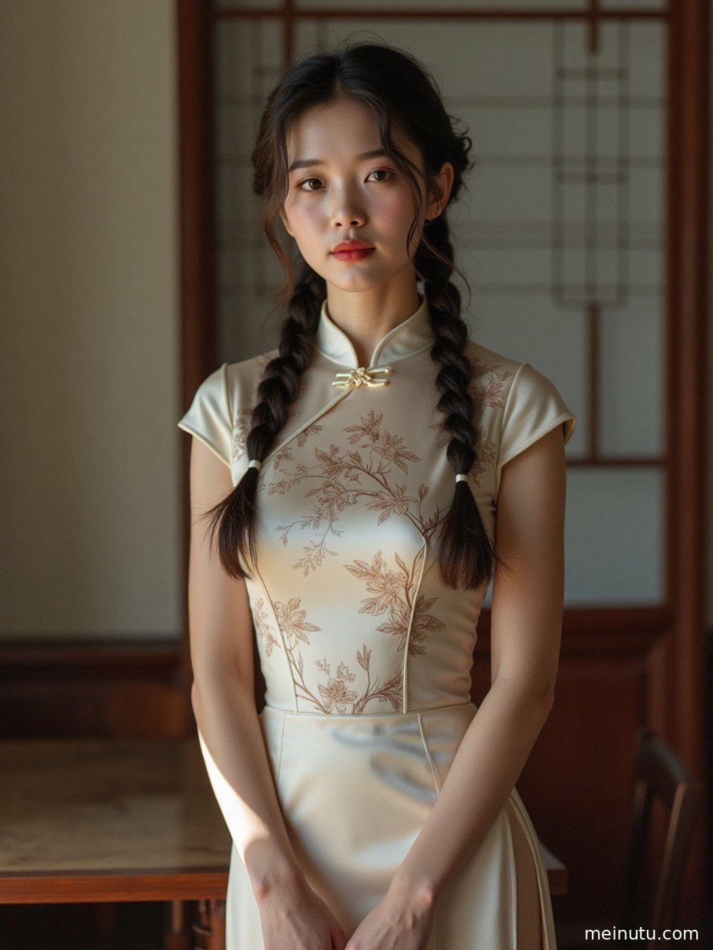 温暖的逆光洒在成年女性的脸庞与旗袍上，海边半身人像充满诗意。