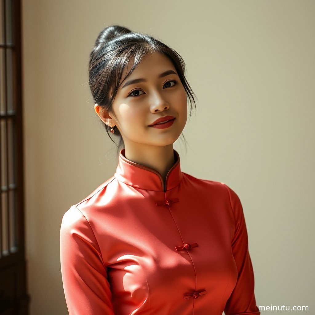 紫色旗袍的丝绸材质在暖色侧光下熠熠生辉，映衬出成年女子的婀娜身姿，全身镜头捕捉。