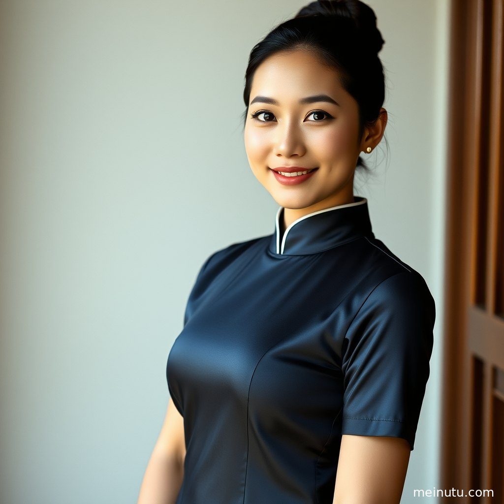 高清镜头下，紫色旗袍的精美细节与成年女子自信的气质完美结合，全身构图尽显东方之美。