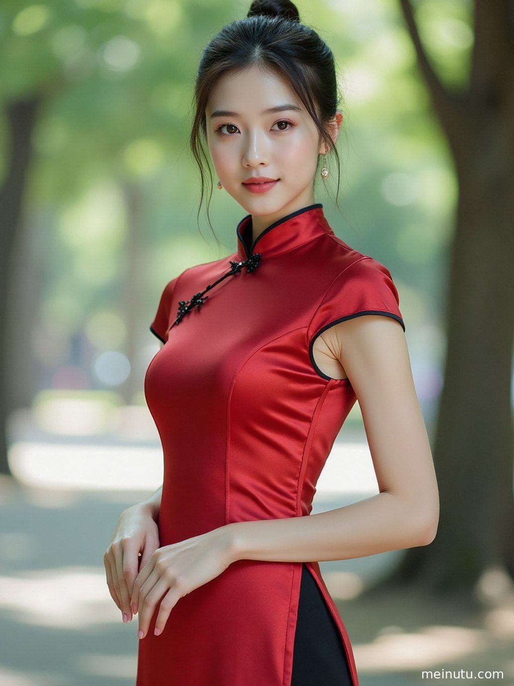 身着华丽丝绸旗袍的成年女子，在古典园林中展现东方韵味。