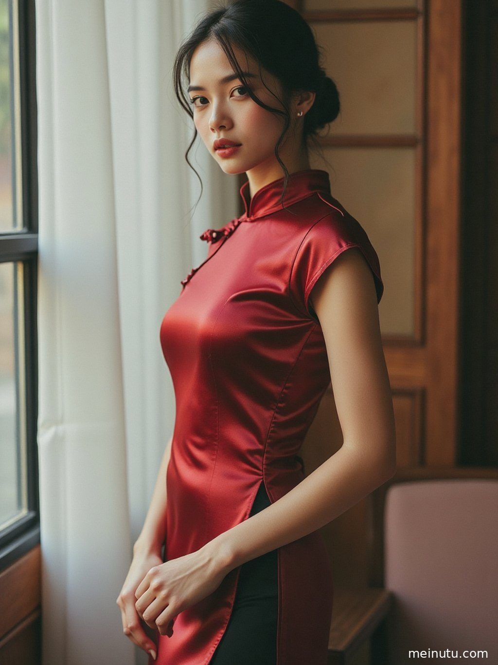 特写镜头下，丝绸旗袍细腻的面料与精美刺绣工艺清晰可见。