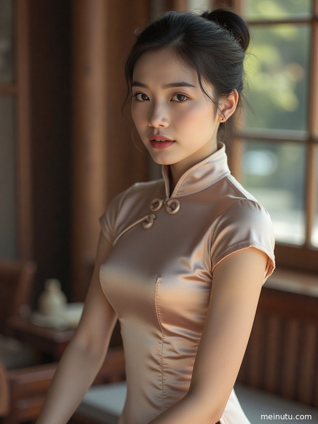 一位成年女性身着修身丝绸旗袍，侧影婀娜，尽显优雅气质。