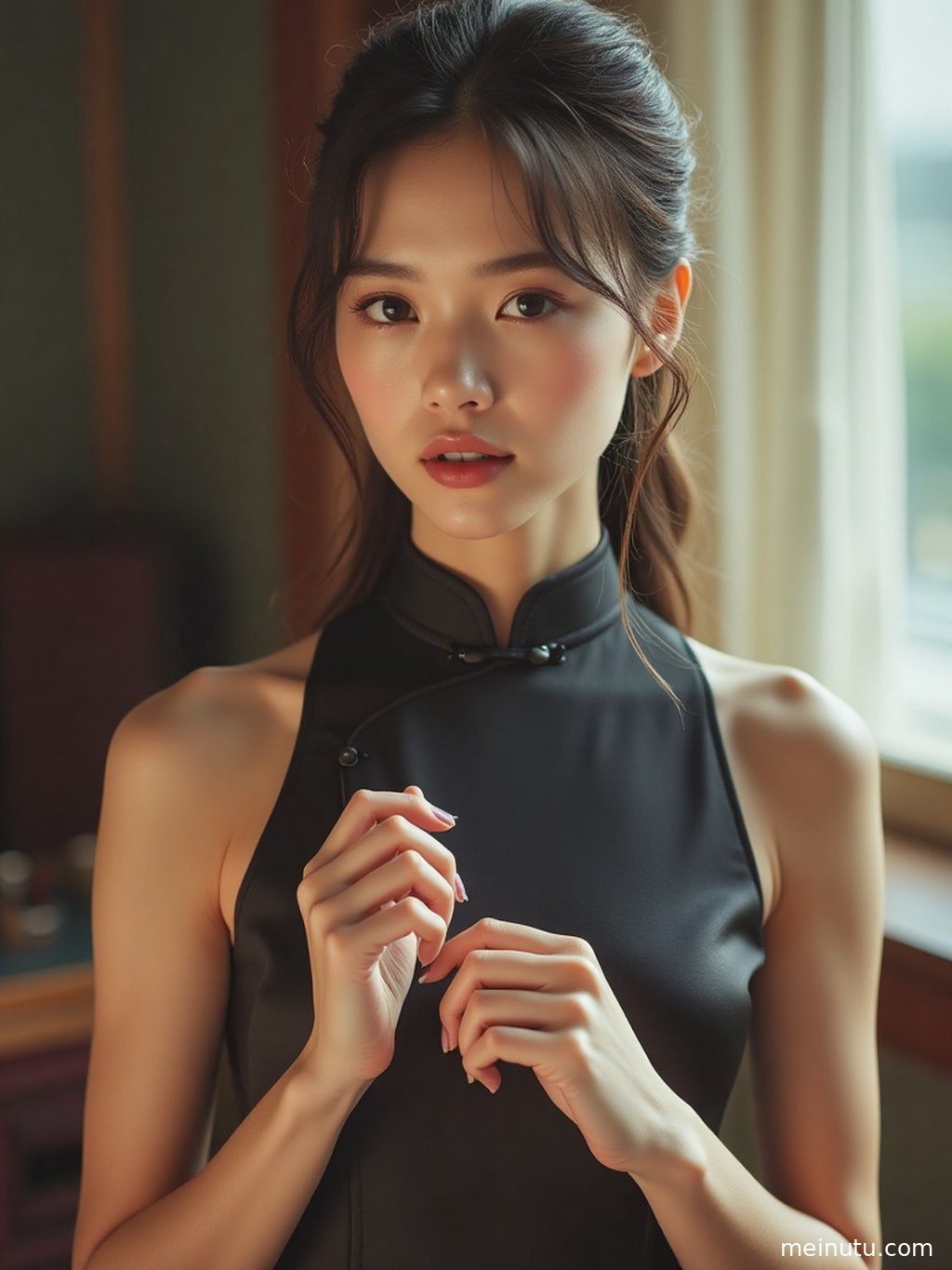 夕阳余晖中，丝绸旗袍的流动光泽与成年女性的优雅身姿交相辉映。