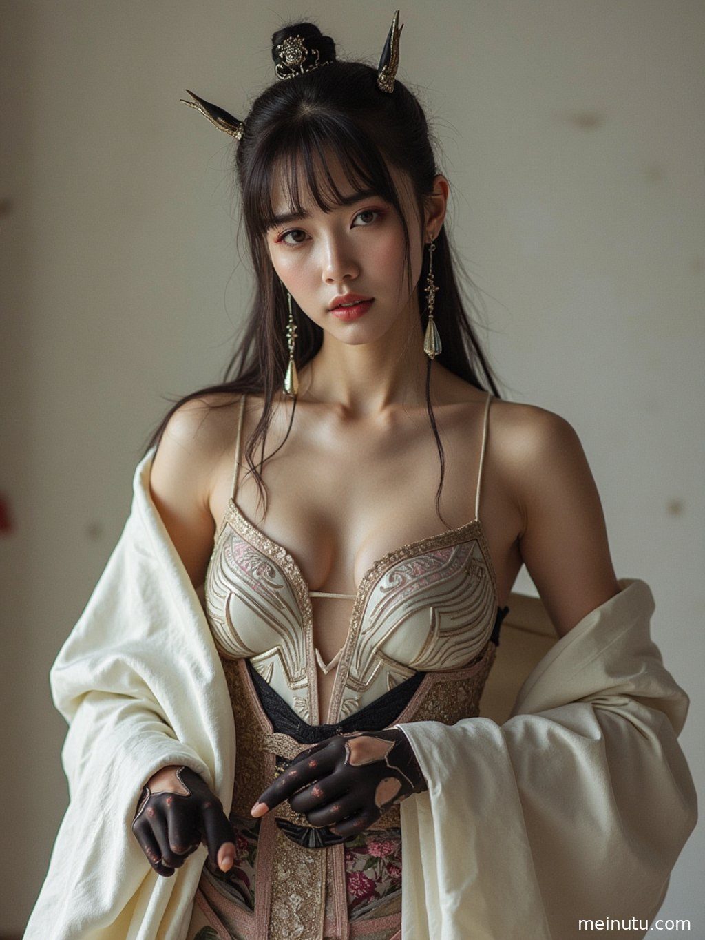 身着不知火舞cosplay服装的年轻成年女性在窗边，光影斑驳。