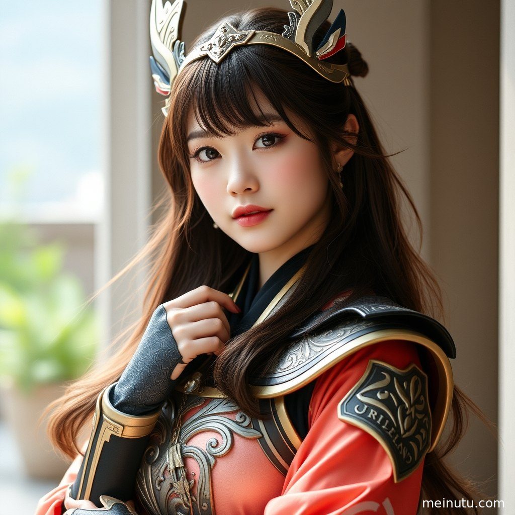Cosplay二次元主题的街拍写真，成年女子以全身构图展示华丽服装，暖色侧光营造梦幻氛围。