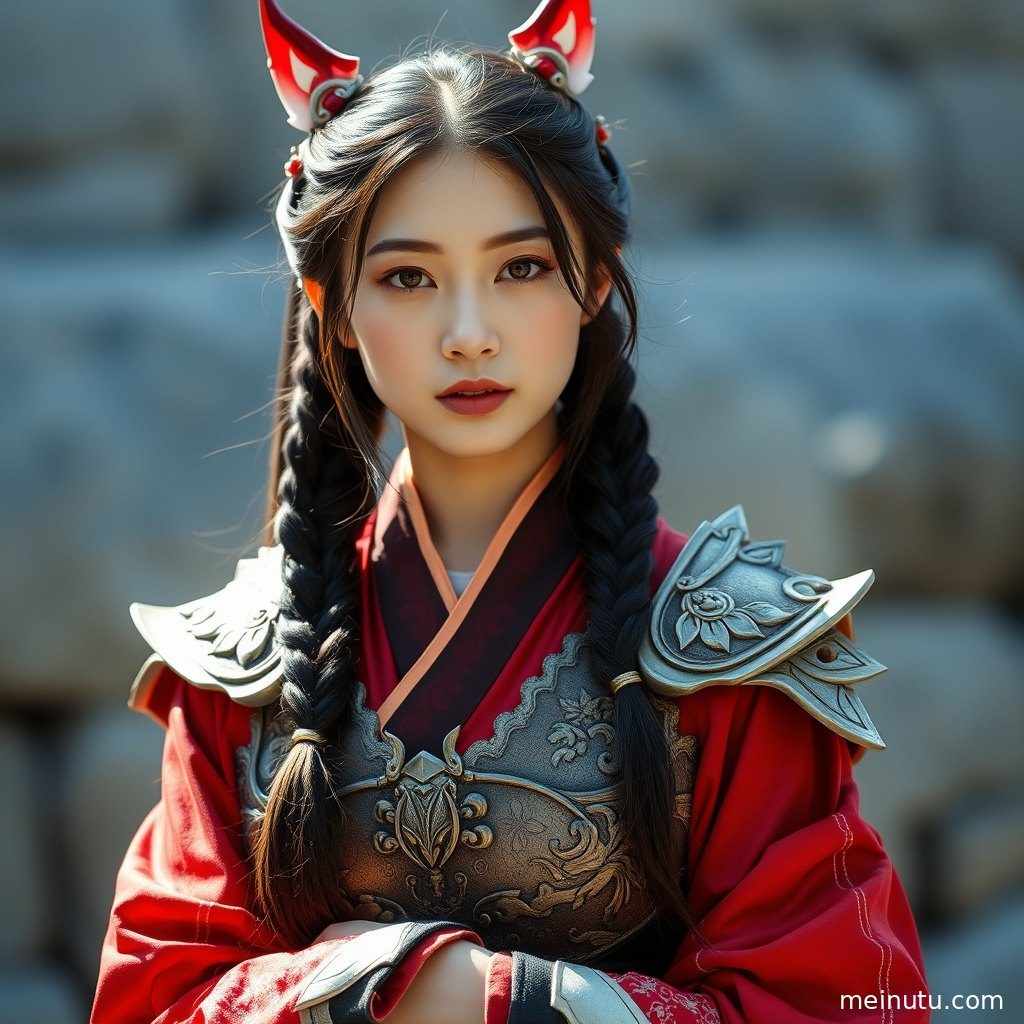 身着华丽Cosplay服装的成年女性，在柔和的室内光线下展现迷人笑容。