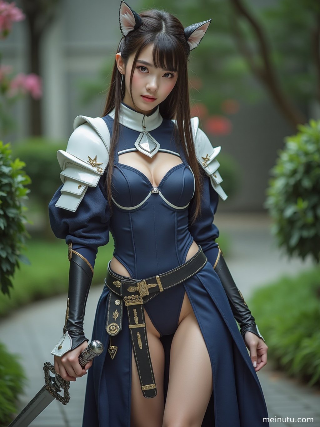 身着华丽cosplay服装的年轻成年女性，站在复古走廊尽头，眼神迷离。
