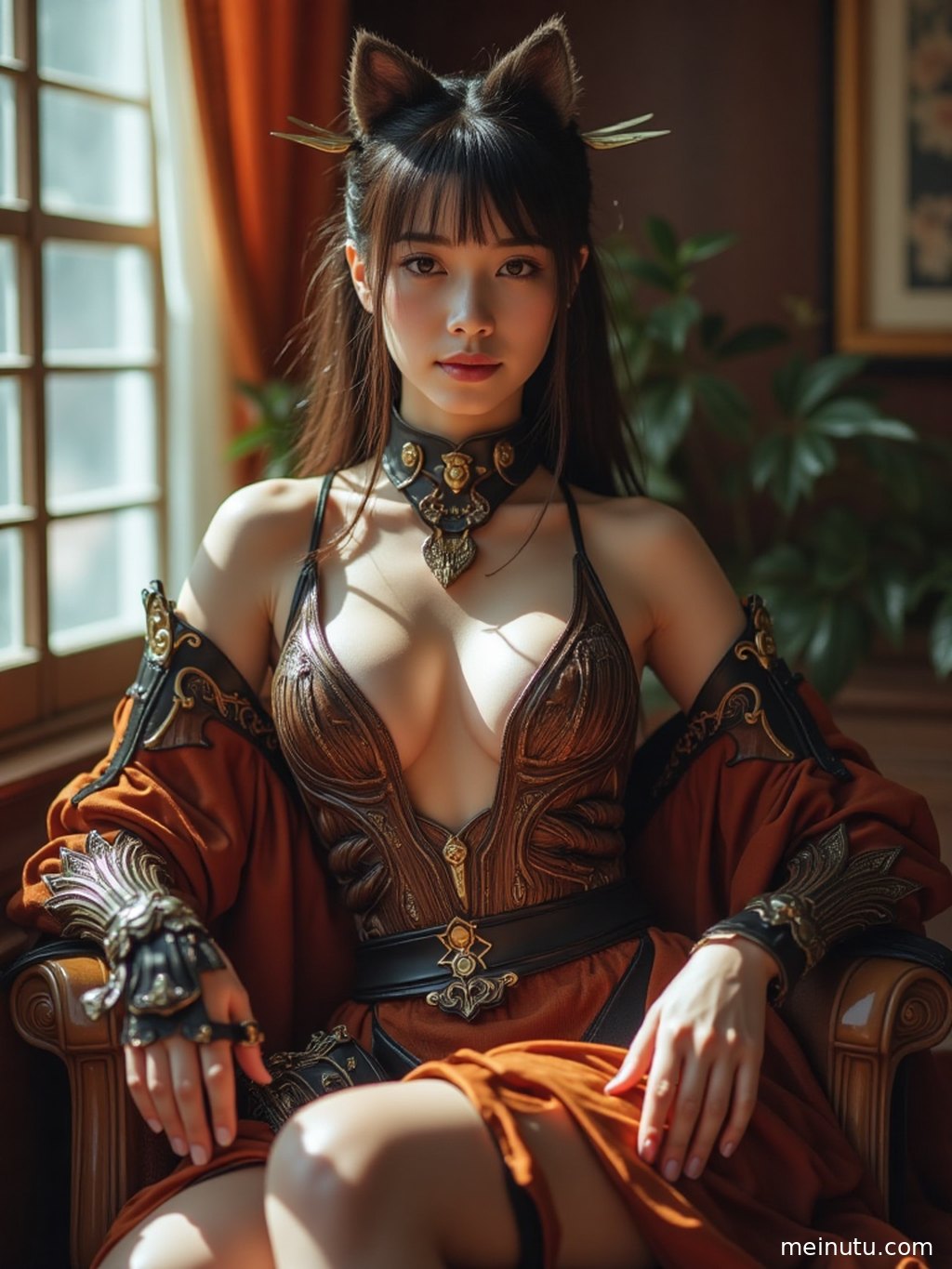 年轻成年女性cosplay角色，侧身倚靠在复古走廊的墙壁上，沐浴在柔和的高光中。
