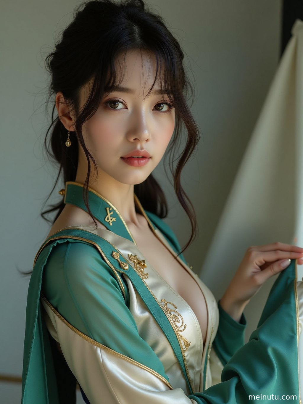 整体展示哈利波特cosplay服装的风格，极简背景衬托出模特的优雅气质。