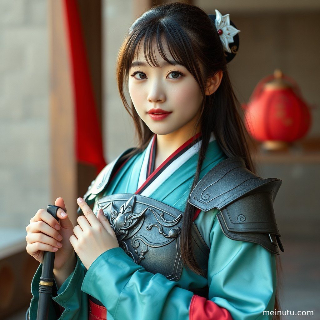 近景镜头捕捉成年女性Cosplay角色的眼神，充满故事感。