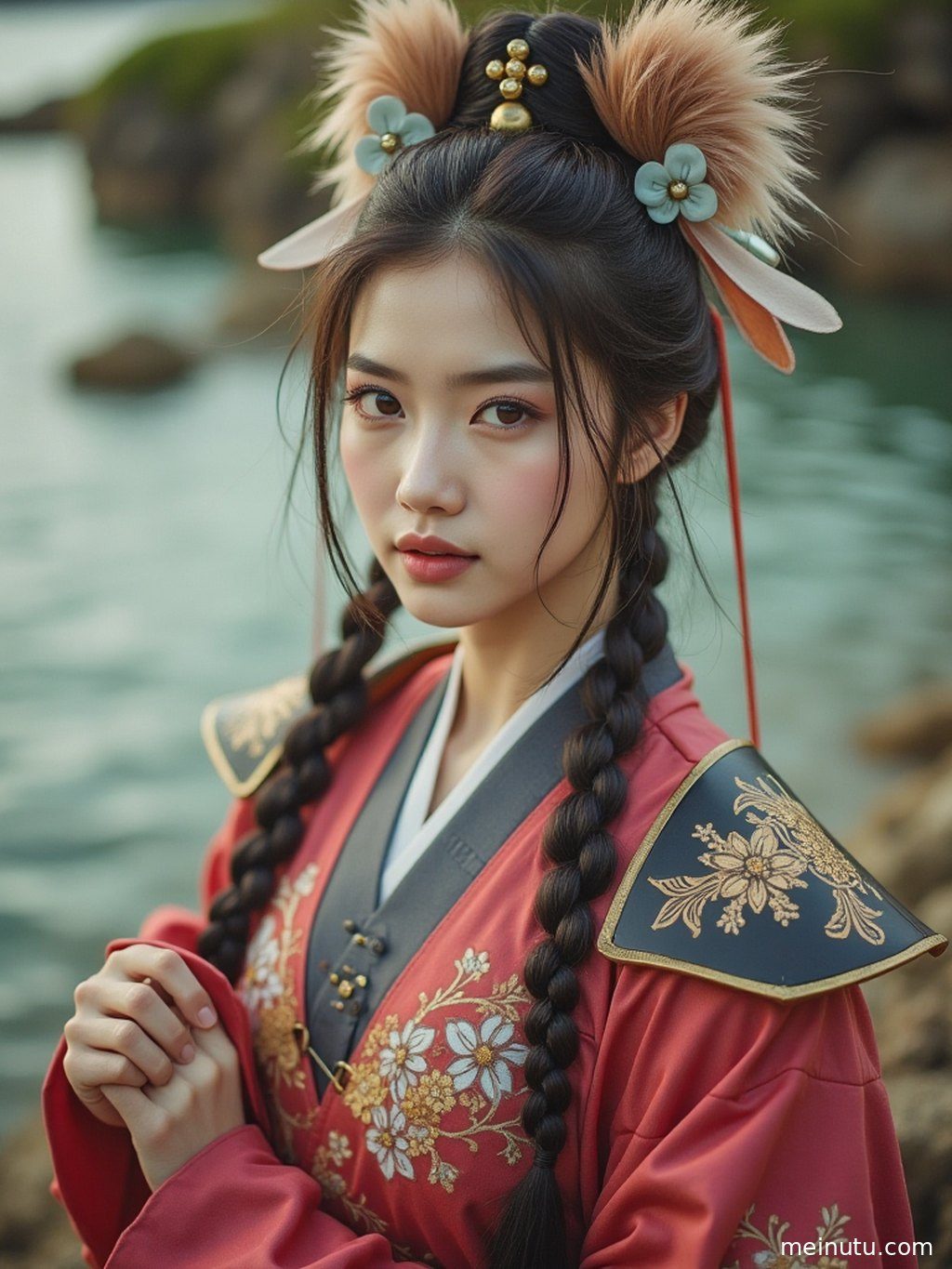 近景特写，突显原创cosplay服装的精美细节与成年女性模特的迷人气质。