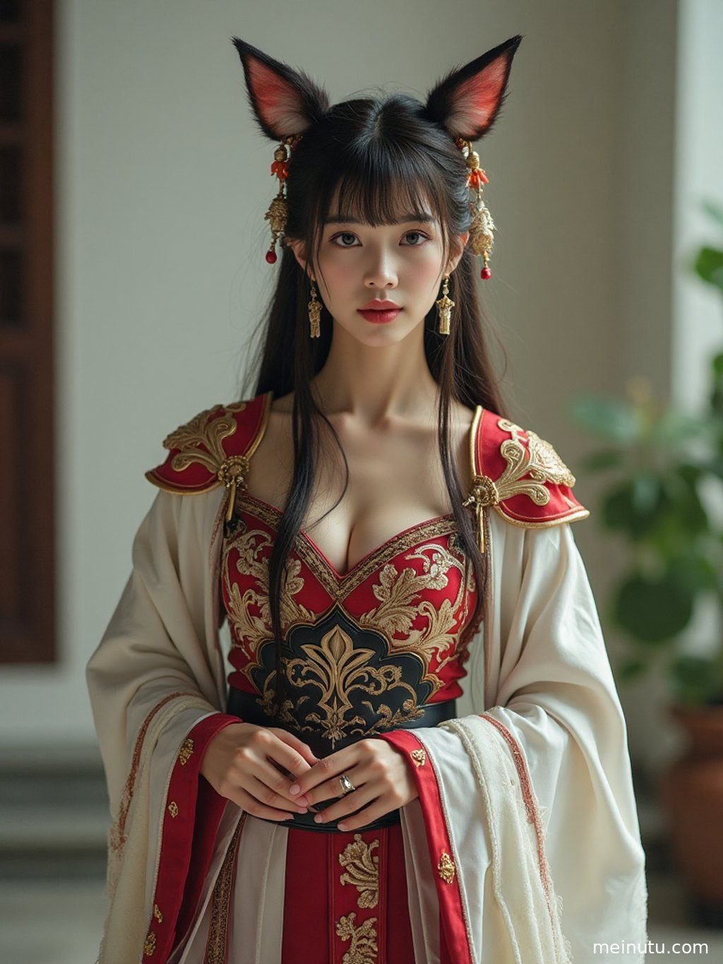 一位身姿优雅的成年女性，在古风场景中，服饰精致，气质非凡。