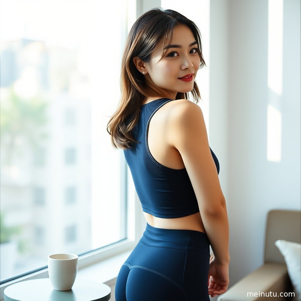 晨光下，一件浅色瑜伽服外套披在肩上，展现柔和的质感。