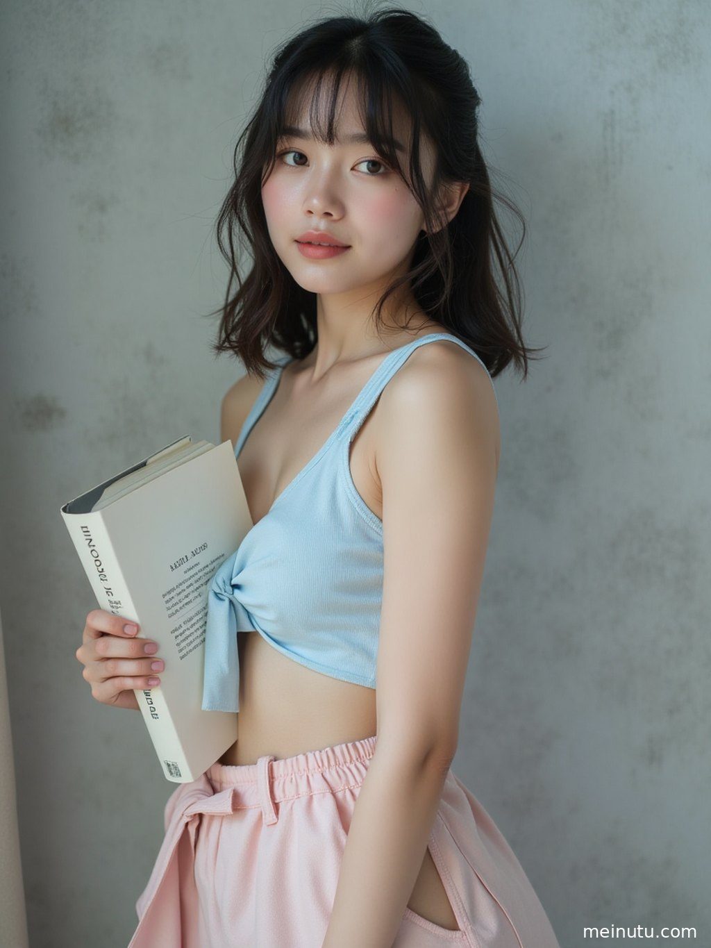 成年女性，空气刘海短发，身穿白色吊带短裙，正脸特写，清新性感。