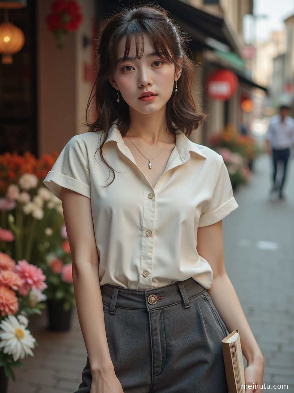 年轻成年女子，短发造型搭配空气刘海，白色吊带裙勾勒迷人身段。