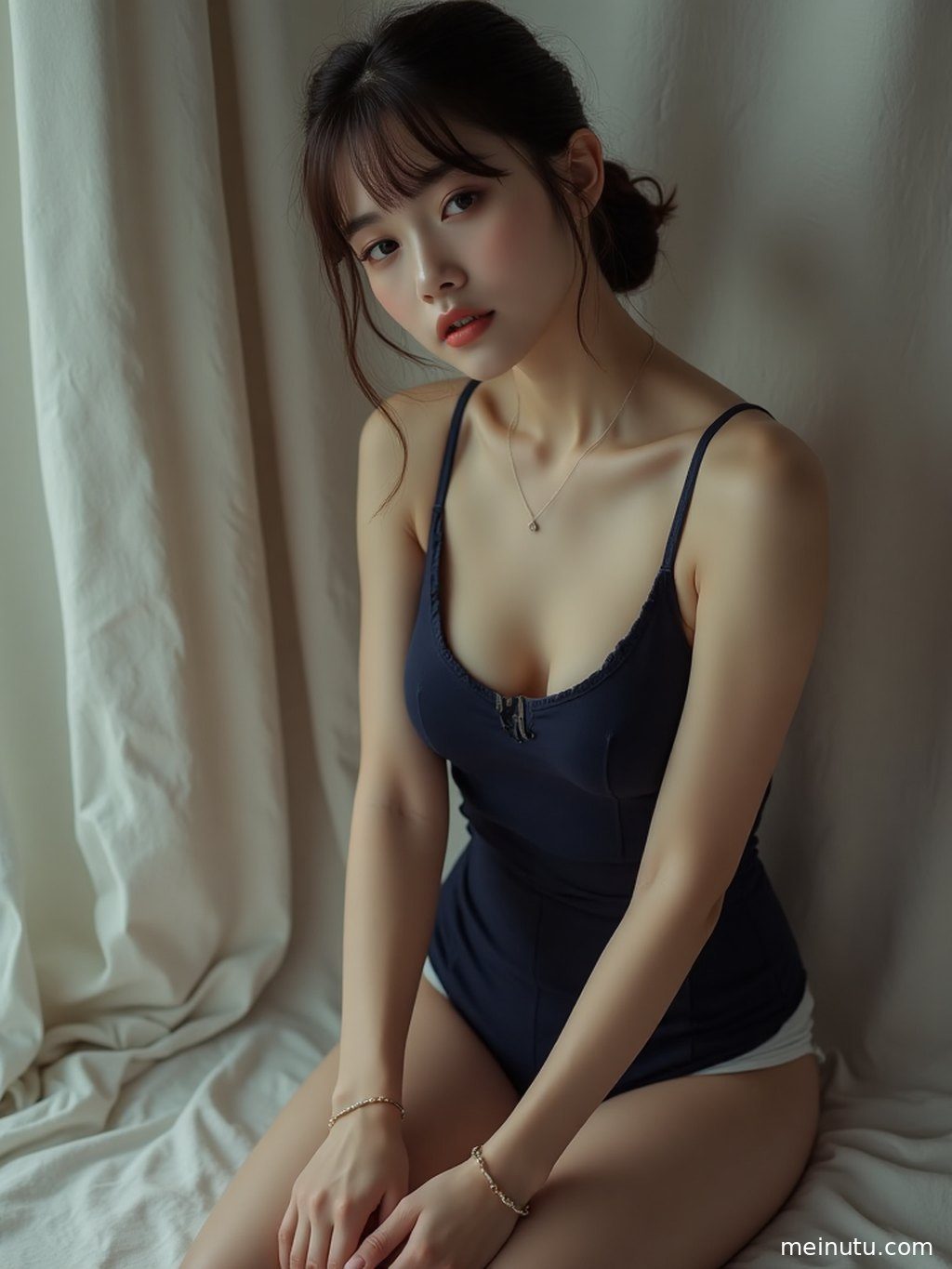 专注于面部细节的特写，年轻成年女性的清澈眼神与空气刘海短发造型。