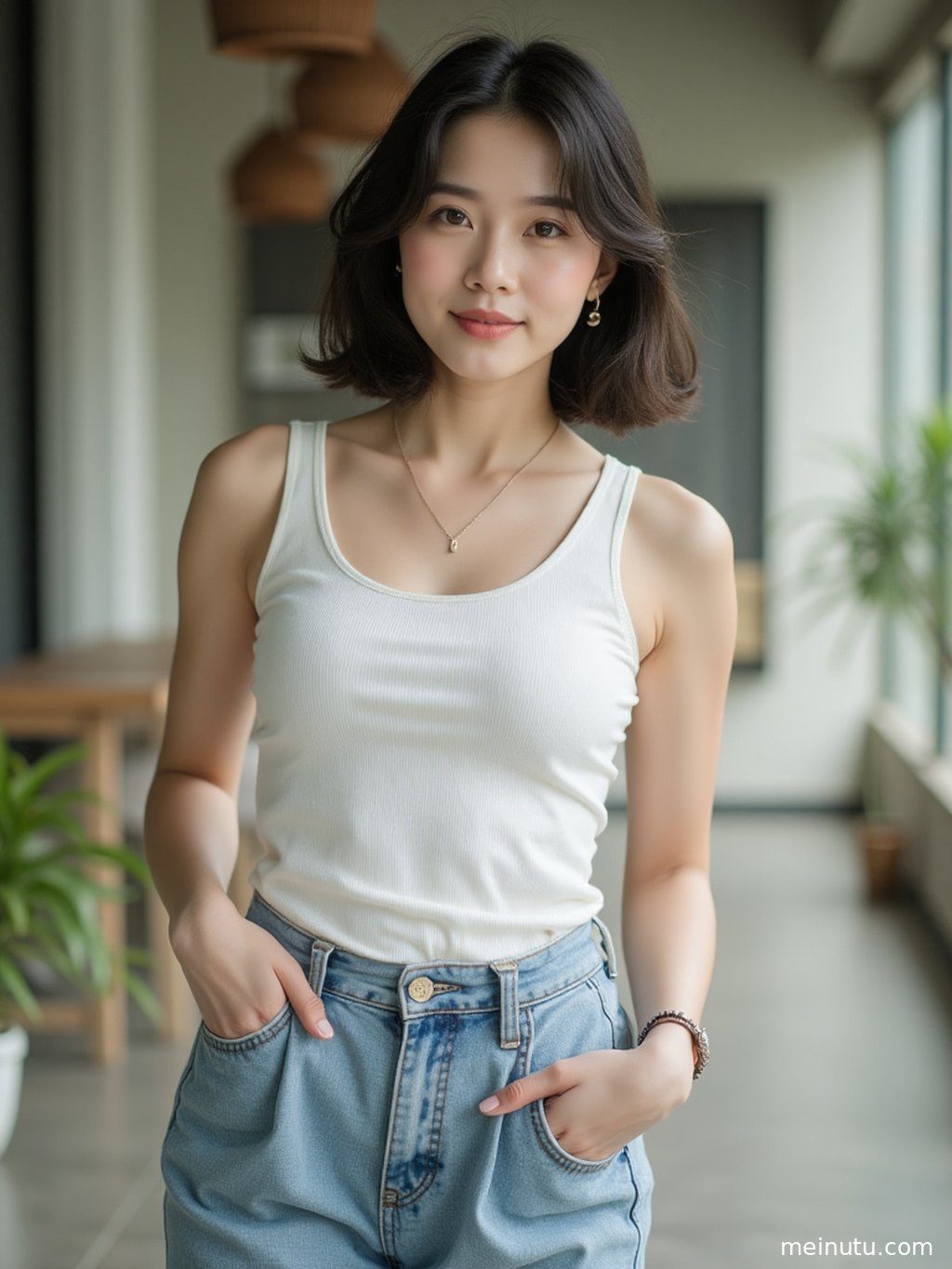 街拍镜头下的成年女性，暖色调光线营造出温馨氛围，搭配潮流服饰，全身画面充满生活气息。