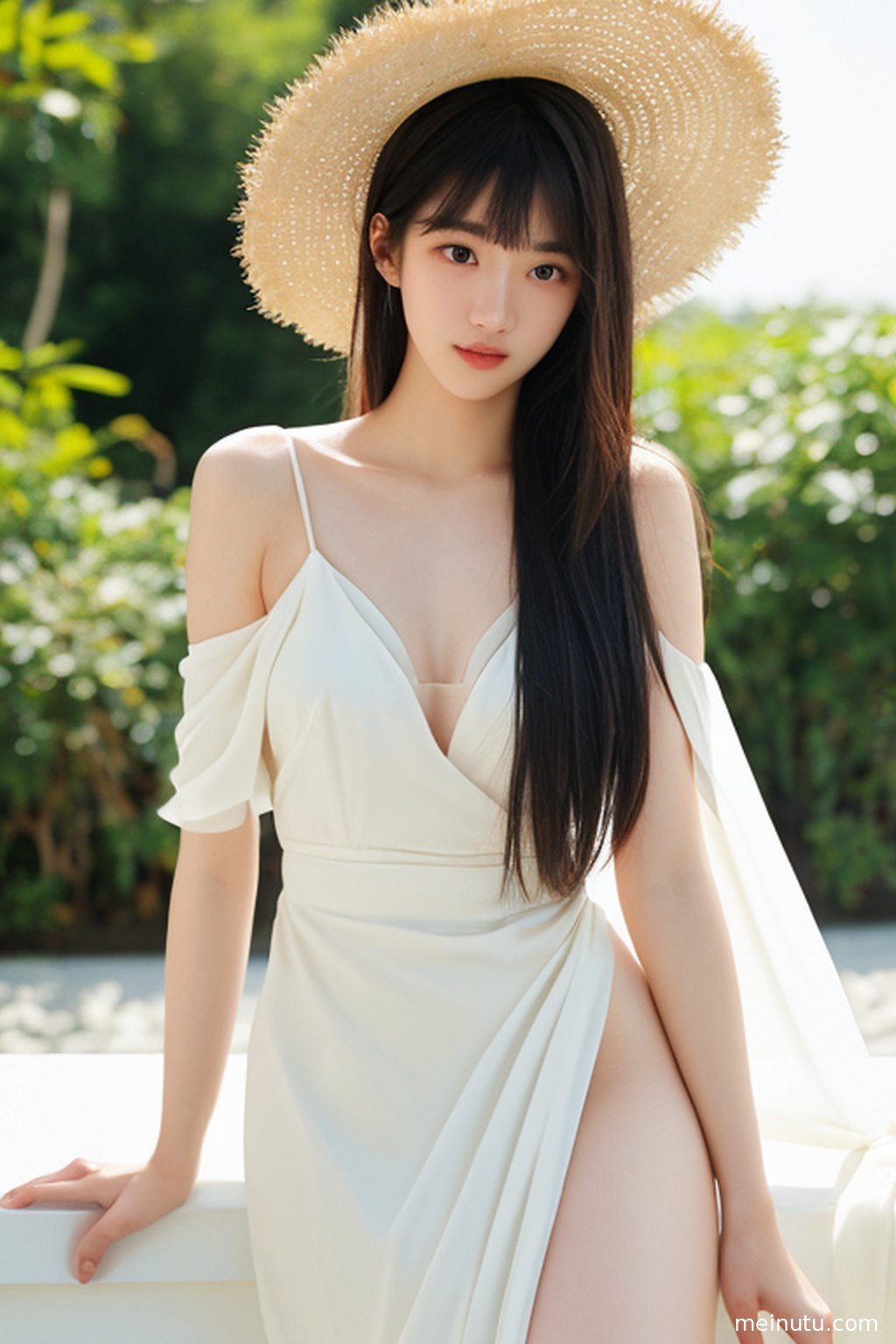 成年女子倚靠在复古走廊的墙壁上，眼神清澈，沐浴在柔和的光线下。