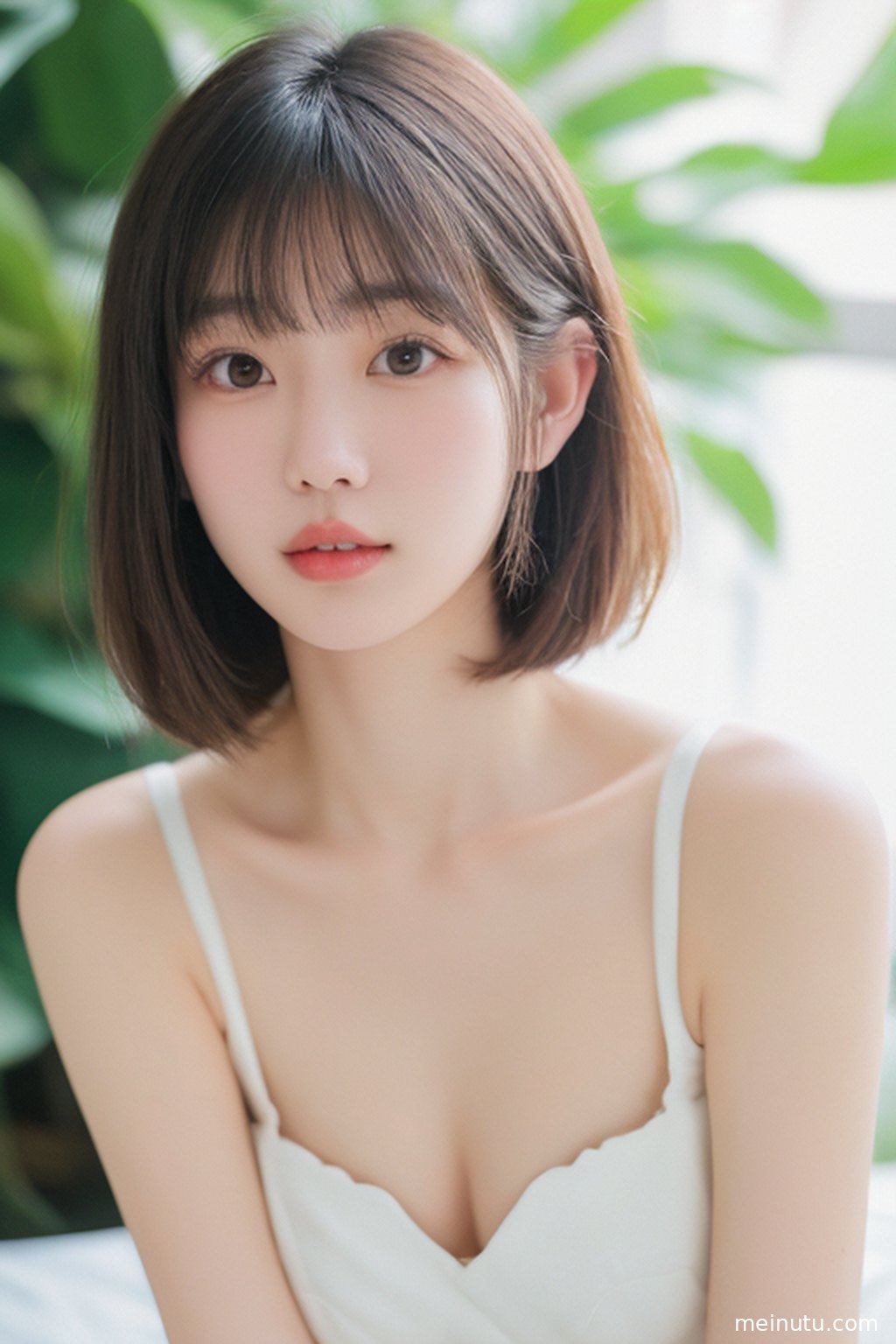 成年女性在柔和自然光下侧身回眸，展现美女艺术写真 花园 电影感光影的场景层次与光影。