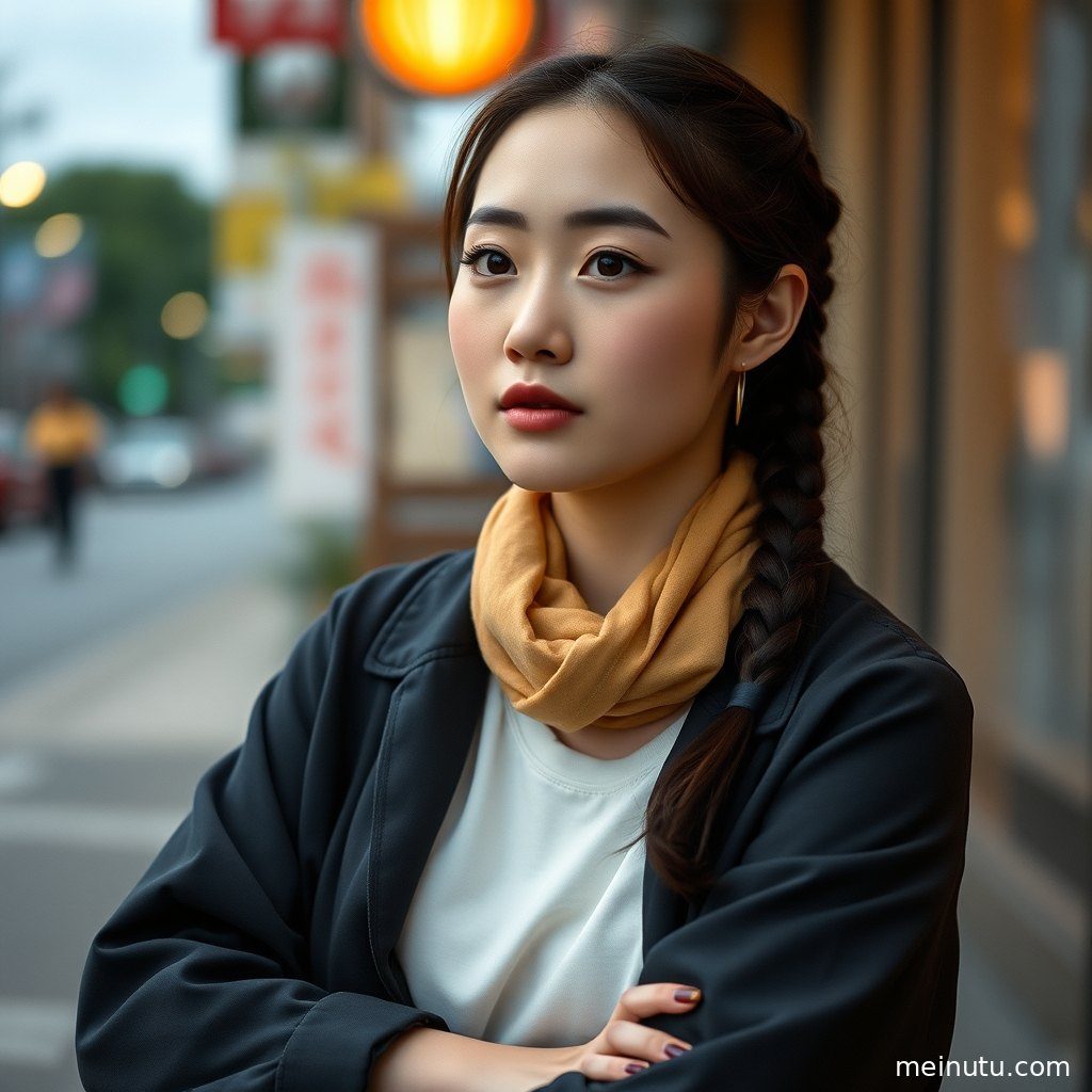 一位气质美女在黄昏时分，侧身沐浴在温暖的侧光下，展现出迷人的侧颜。