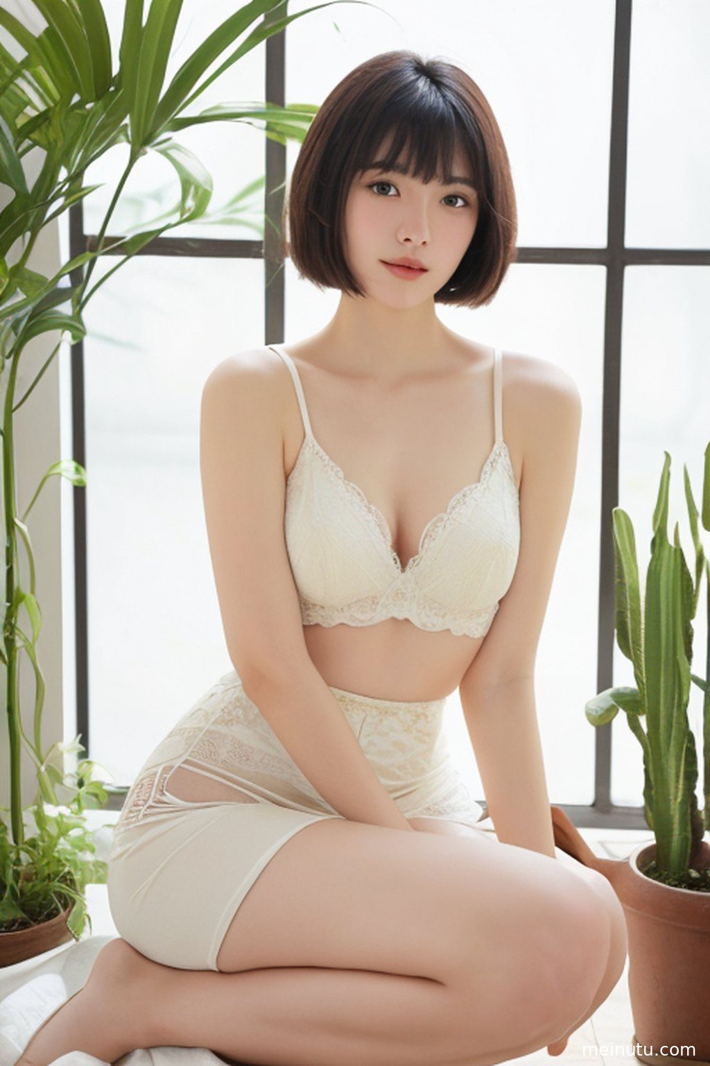 成年女子在繁花盛开的花园中，沐浴着清透的阳光，展现甜美笑容。