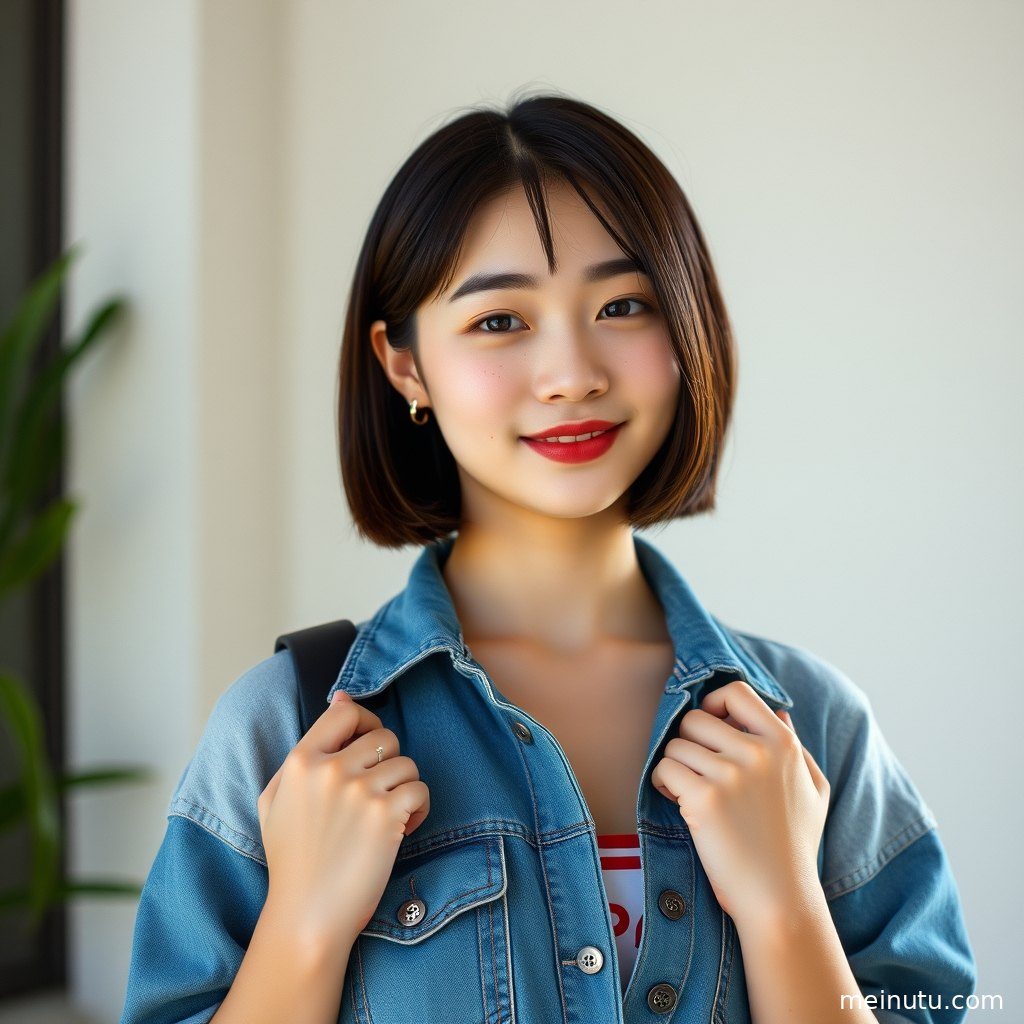 一位穿着时尚的亚洲成年女性站在街头，暖色侧光勾勒出她迷人的轮廓。