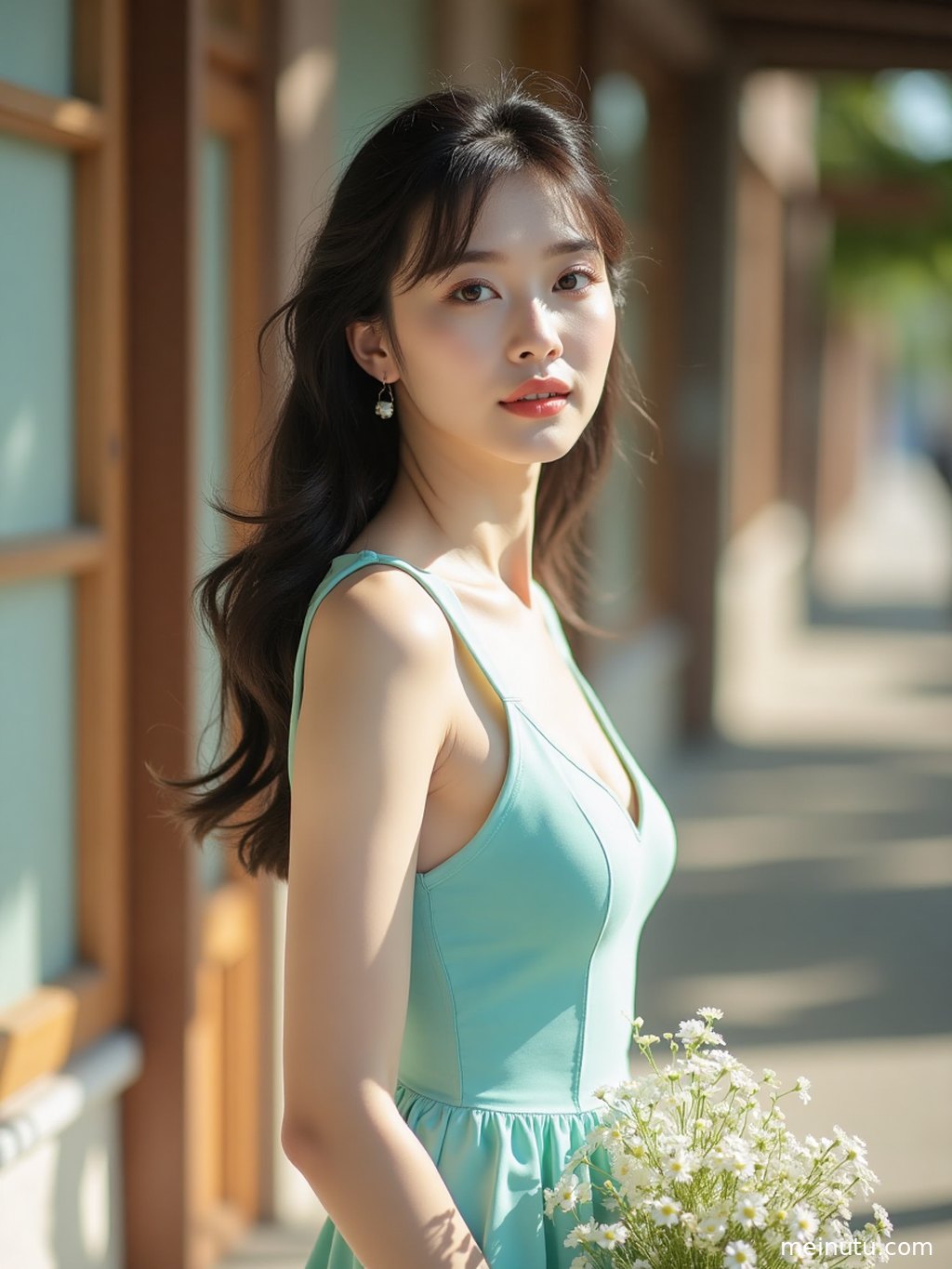 重庆街头，一位年轻成年女子身着简约服饰，在自然光下展现清新气质。