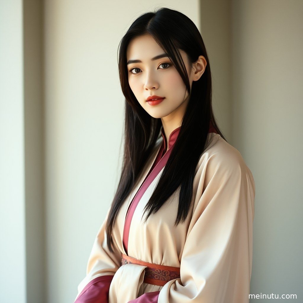海边礁石旁，一位汉服女子回眸，自然光勾勒出其恬静的面庞，半身构图 充满故事感。
