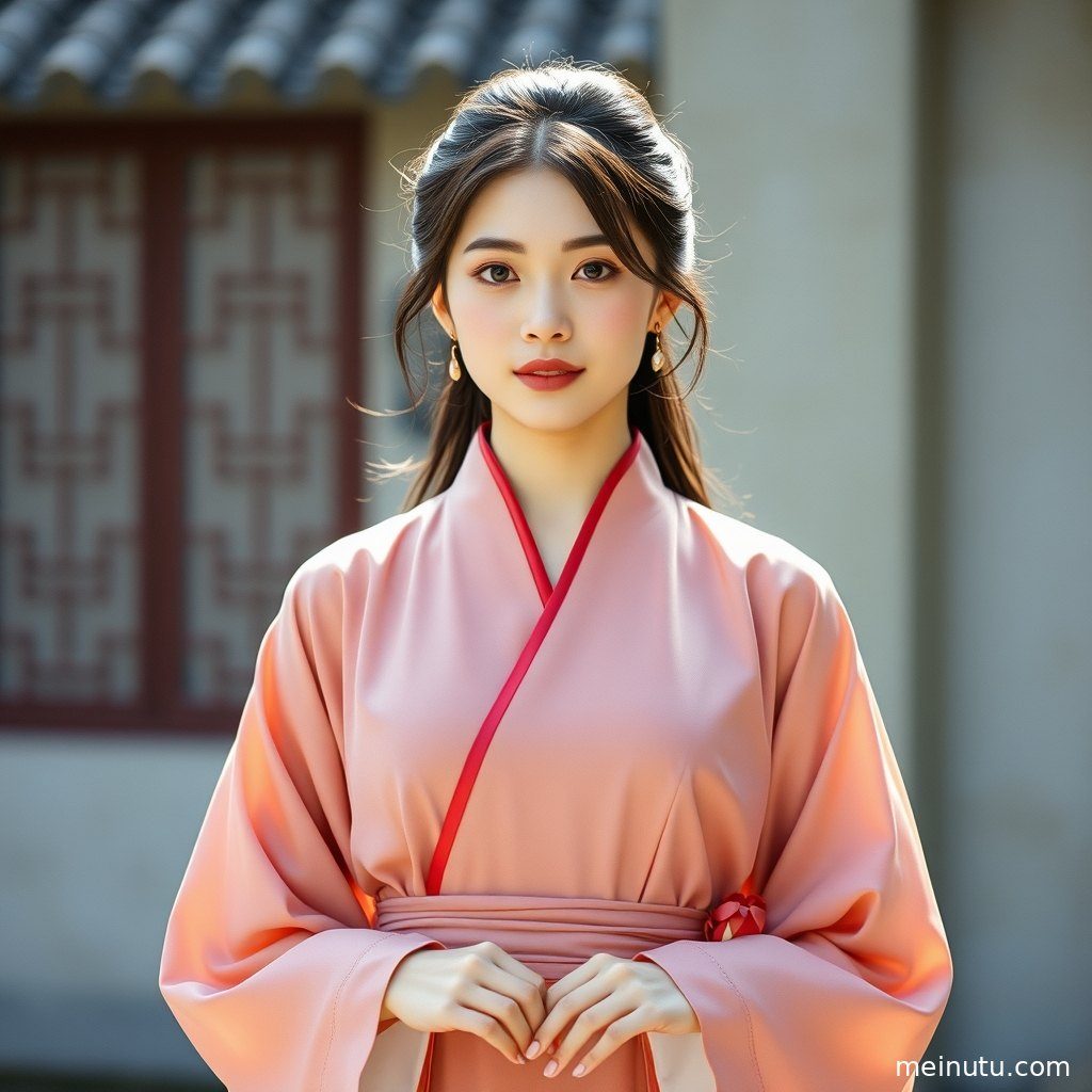 身着华丽古装汉服的成年女子在室内柔光下展现全身姿态。