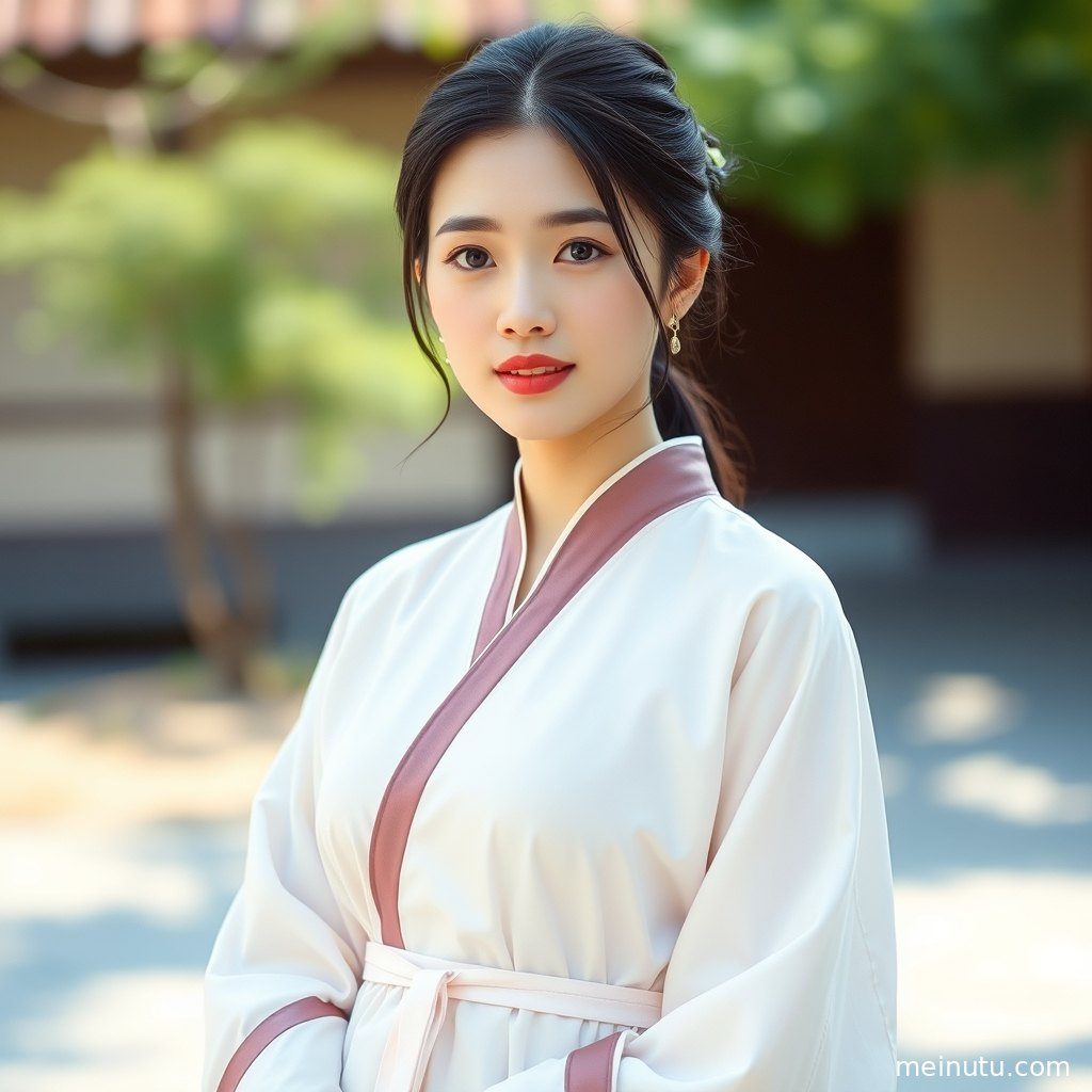 室内柔光下的汉服特写，捕捉成年女子温婉的气质与服饰细节。