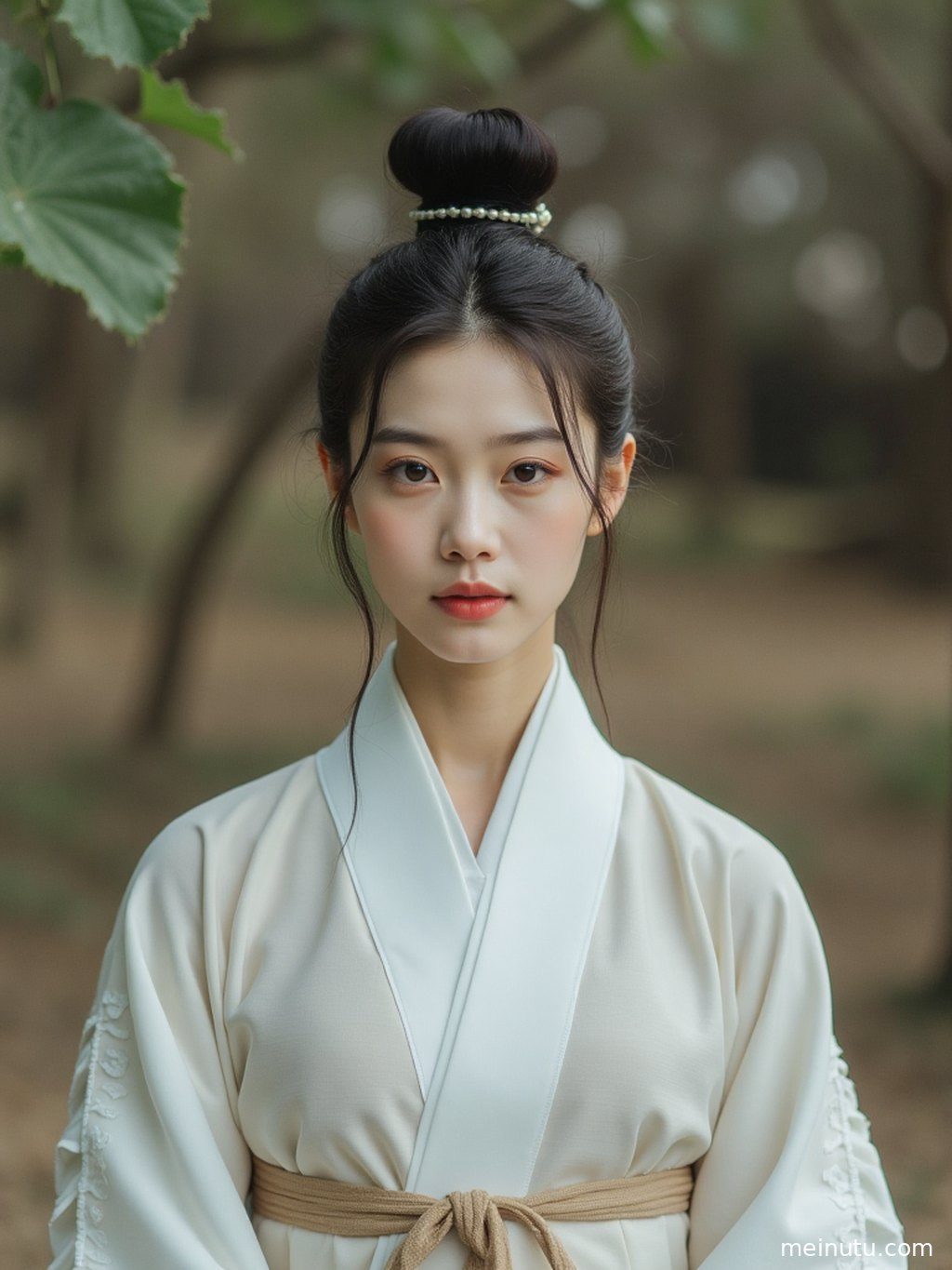 成年女子在海边，汉服衣袂飘动，面部被柔和的逆光染上金色。