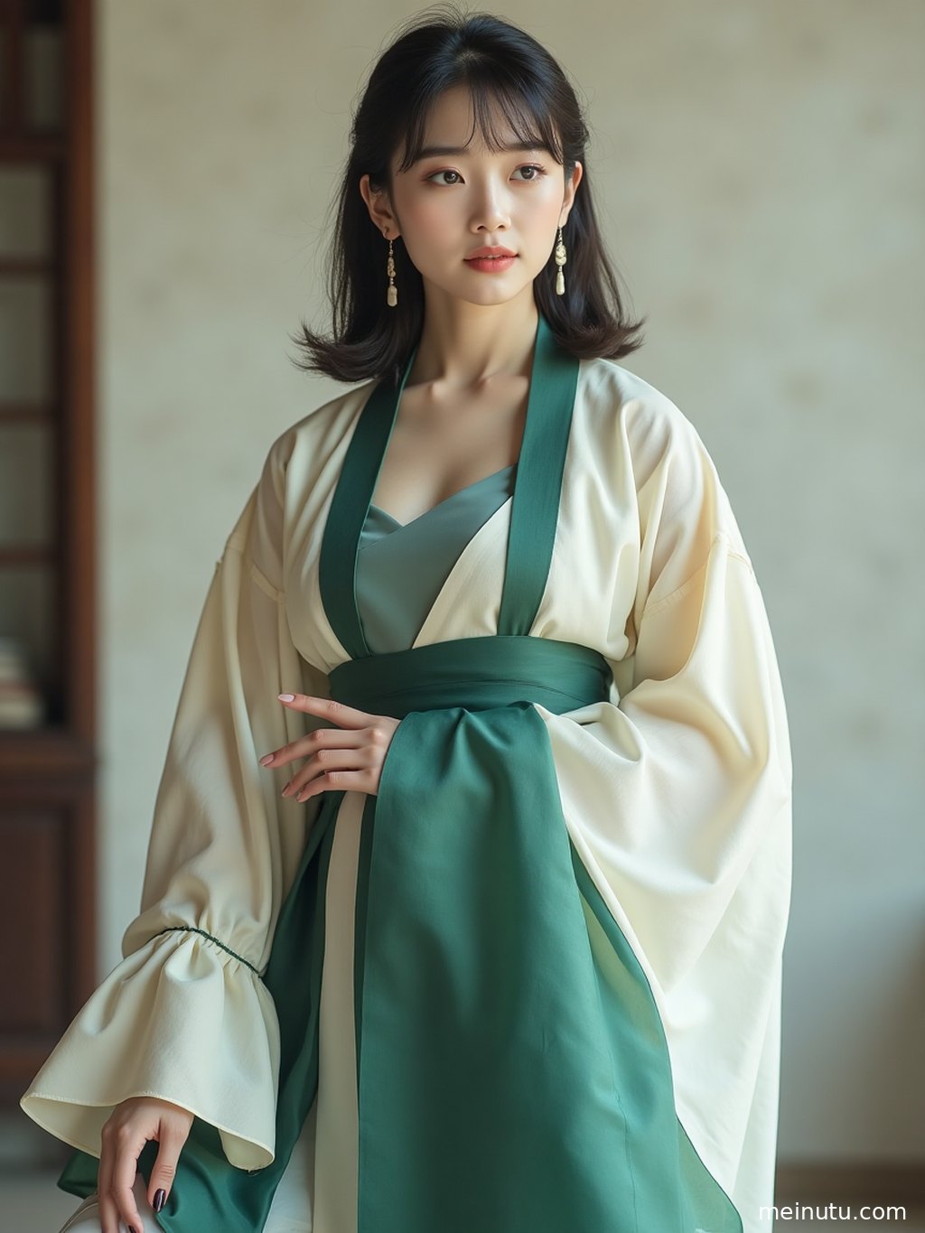 花园一角，汉服女子沐浴在阳光下，画面充满生机与活力。