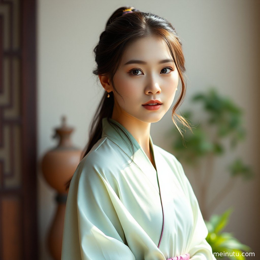 一位成年女子身着华丽唐制汉服，在阴天柔和光线下展现端庄大气之美。