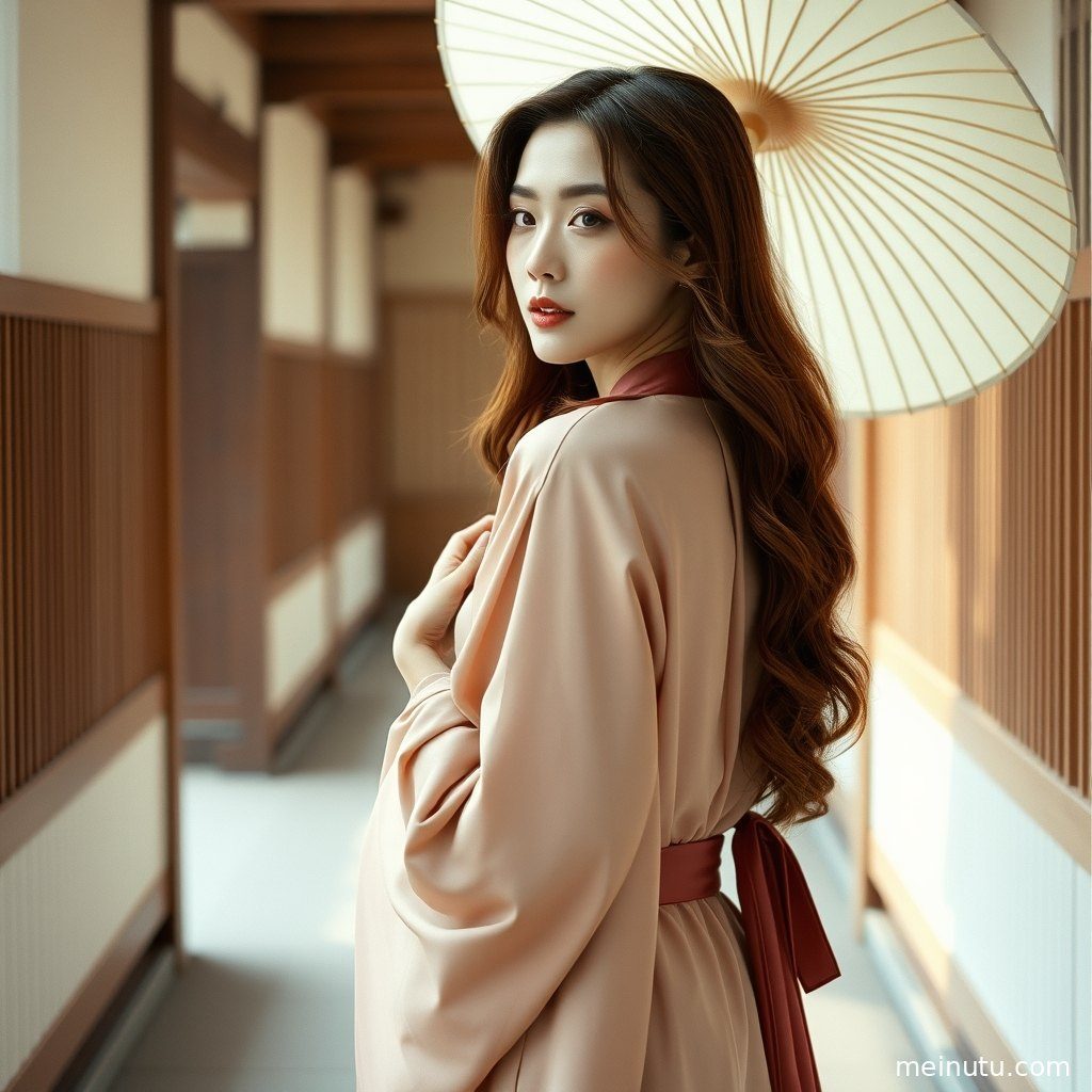 全身汉服照，展现服饰的整体美感与成年女子端庄的气质，背景虚化突出主体。