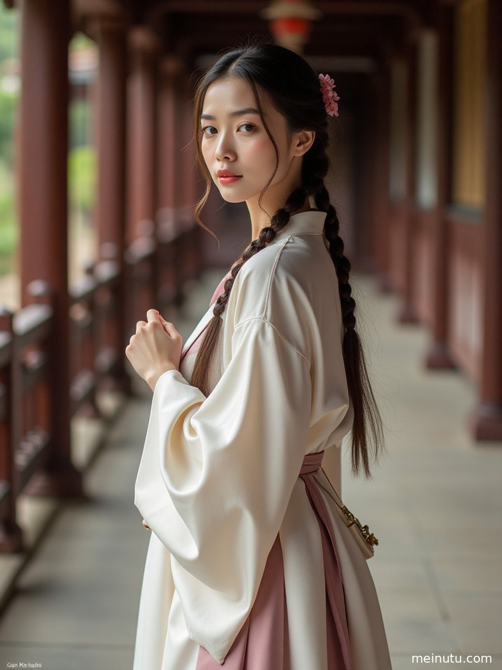 一位成年女子身着汉服，在古朴的庭院中，阴天漫射光勾勒出优雅的轮廓。