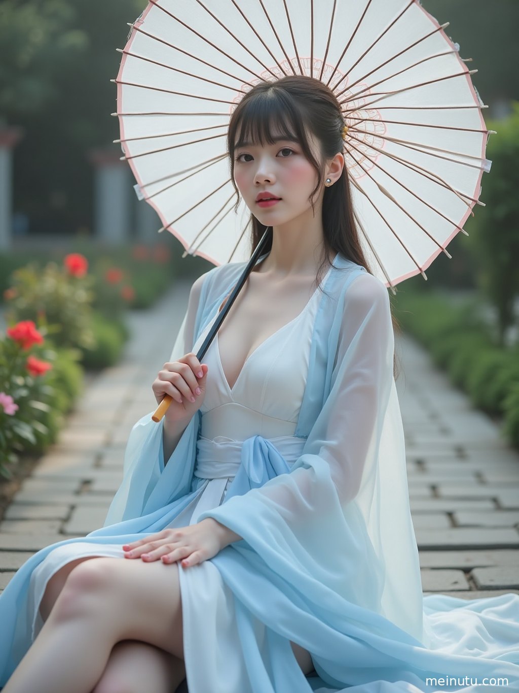 身着唐制汉服的成年女子，在极简棚内沐浴自然光，姿态优雅。