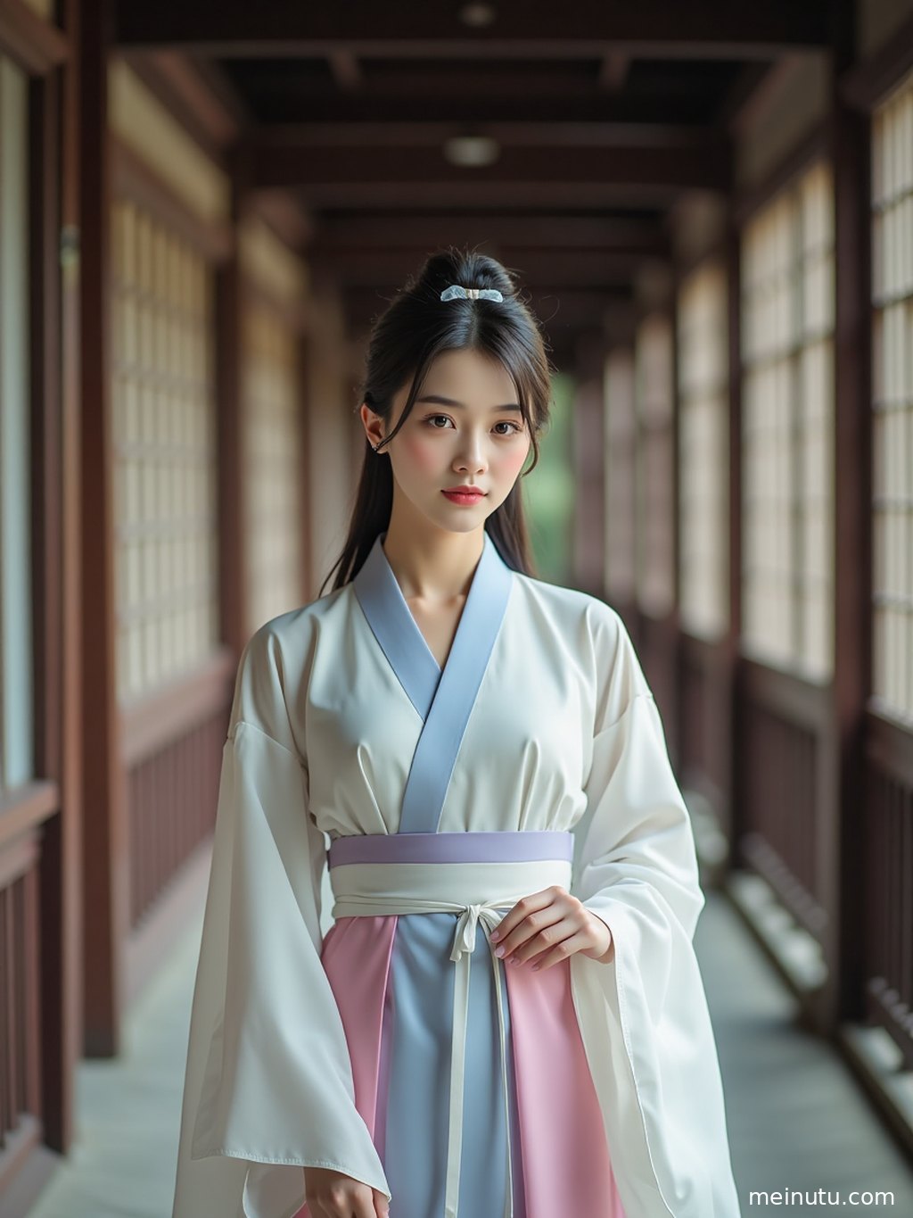 构图巧妙的汉服唐制写真，人物与留白和谐共存，意境深远。